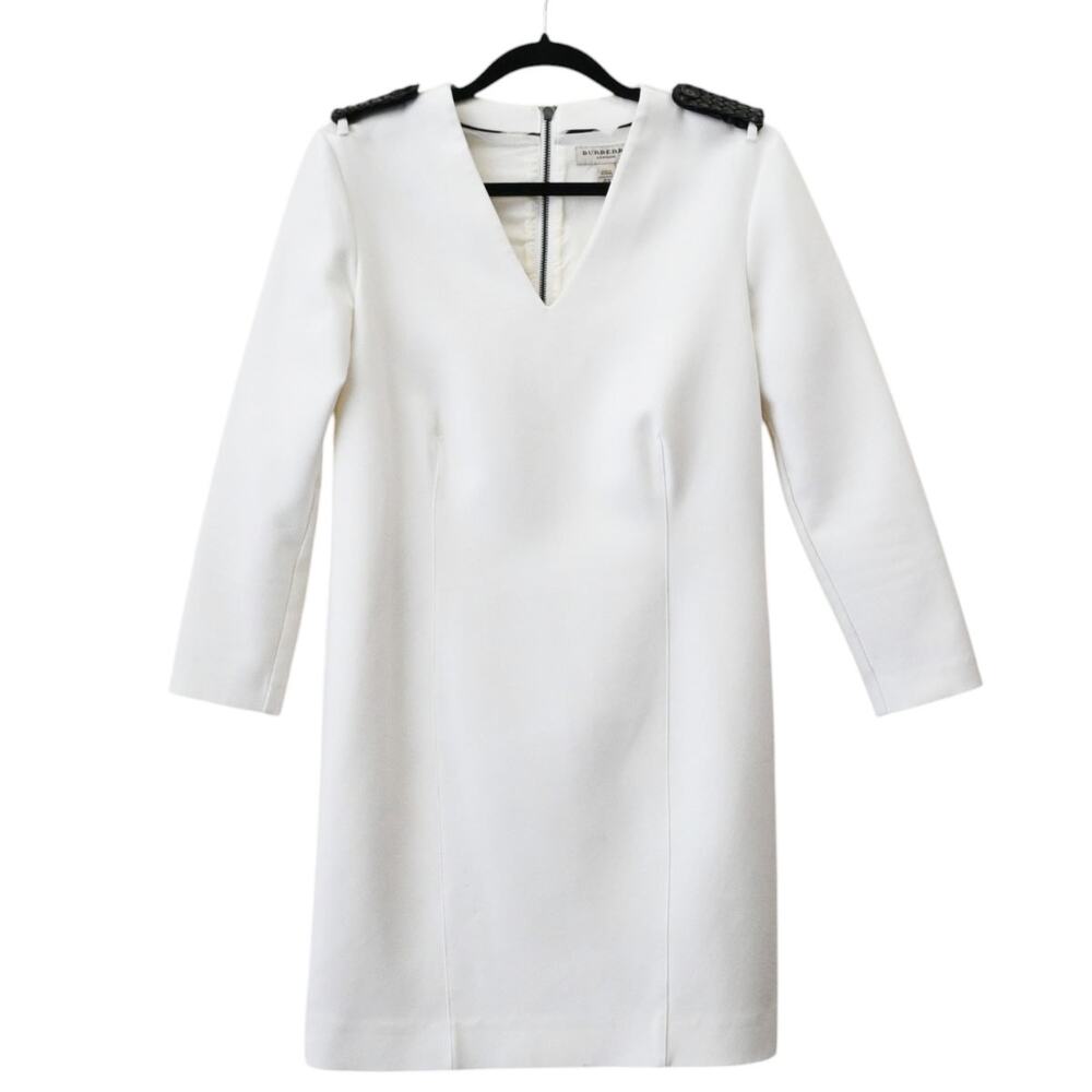 Burberry London White Shift V-Neck Long Sleeve Dress Size US 10